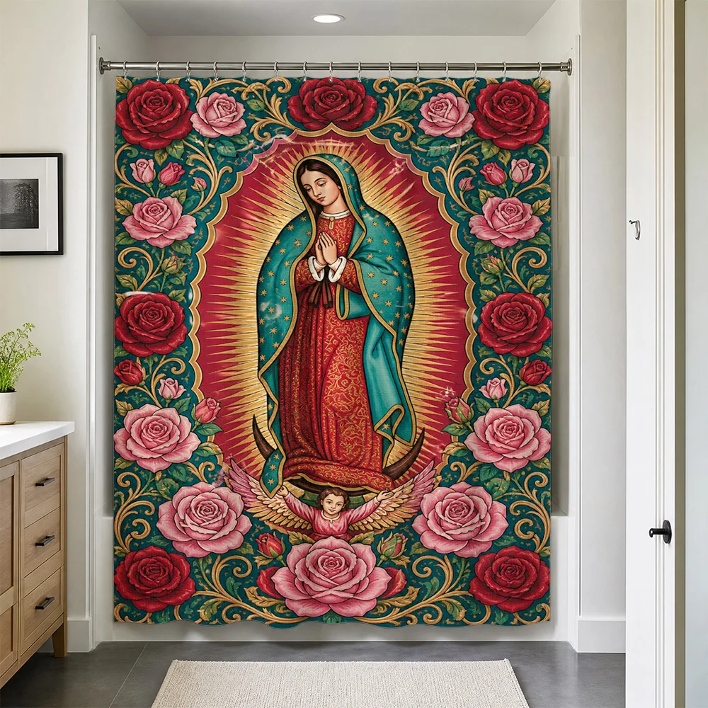 Bohemian Religious Shower Curtain Waterproof Madonna Art Liner Tropical Floral Tapestry Bathroom Home Decor Catholic Virgin Mary