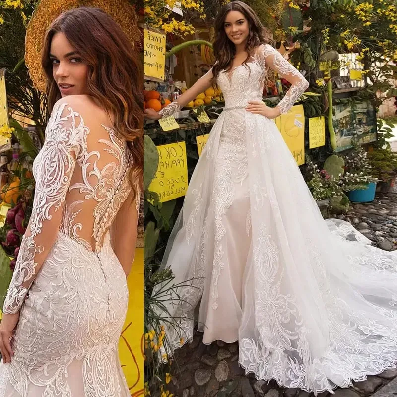 

Elegant Mermaid Wedding Dress Sweetheart Long Sleeves Appliques Sequins Beads Detachable Train Bridal Gowns Robe De Mariée