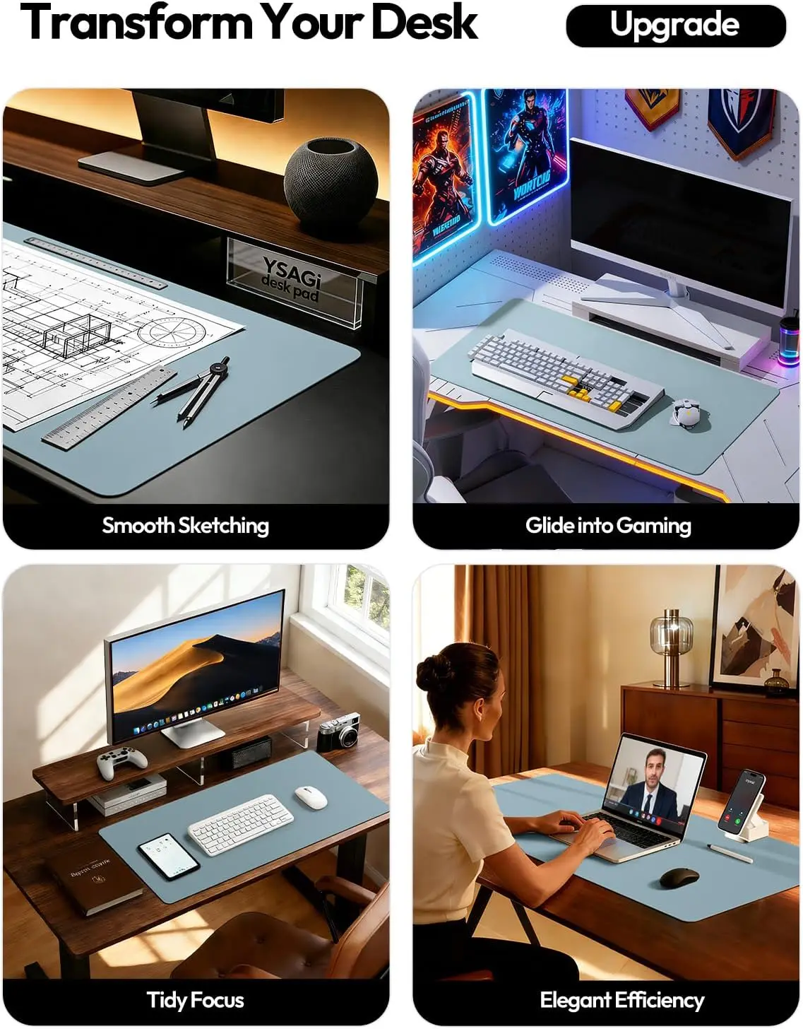 Leather Desk Pad Protector, Office Desk Mat, Large Mouse Pad, Waterproof Non-Slip PU Desk Blotter for Office and Home