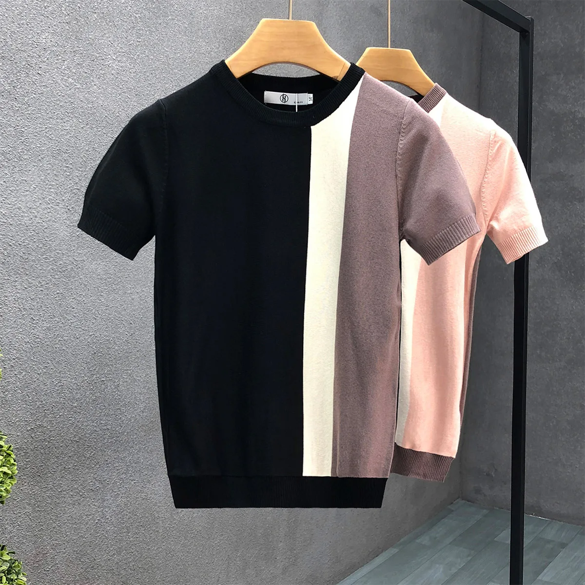 

Men's All-match Short Sleeve T-shirts O-neck Casual Knitting Striped Solid Color Pullover Soft Slim Fit Breathable T Shirt A24