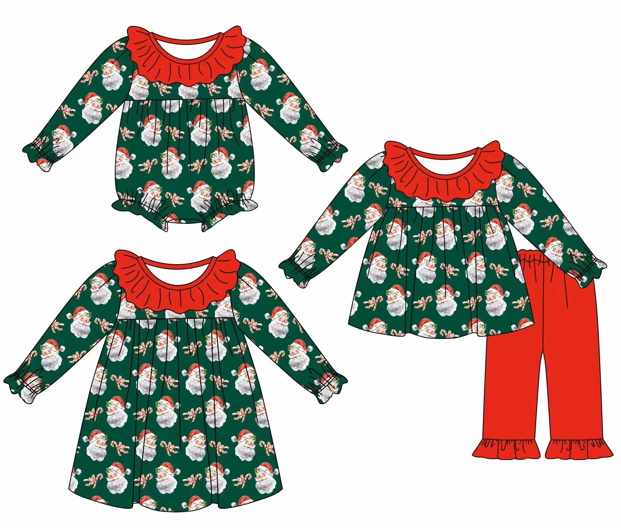 Boutique Hot Selling Christmas Clothing Toddler Long Sleeve Dress Jumpsuit Green Top Red Pants Santa Print Baby Clothing