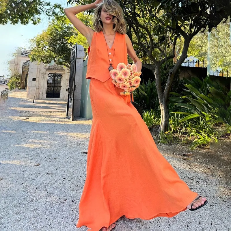 

Casual Long Dress Sets Summer V-Neck Vest Top High Waist Long Skirt Set Loose Commuter Vacation New Women Dress Sets