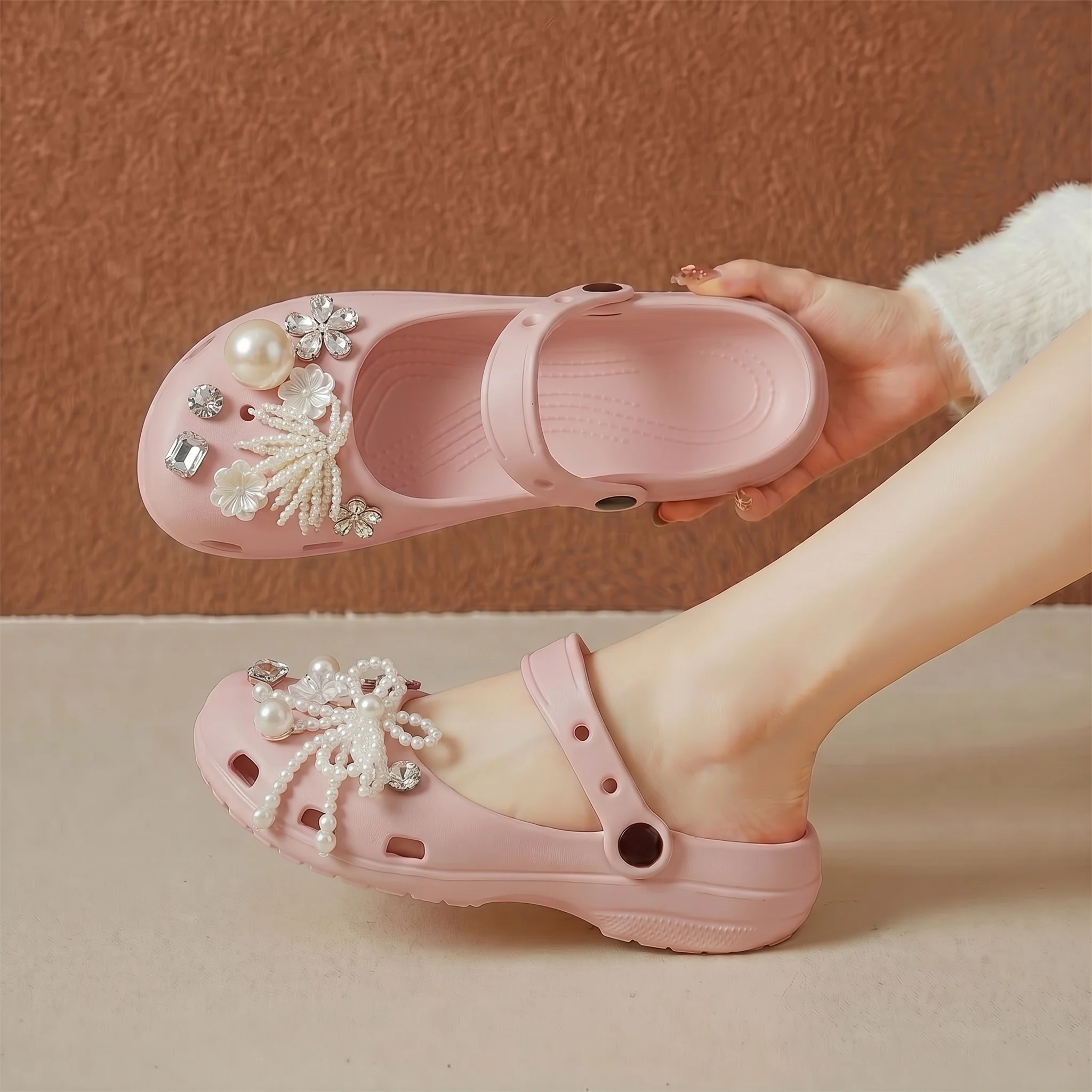 Mary Jane Clogs Pearl Rhinestone Decor EVA Hole Shoes Summer Non-slip Platform Garden Slippers