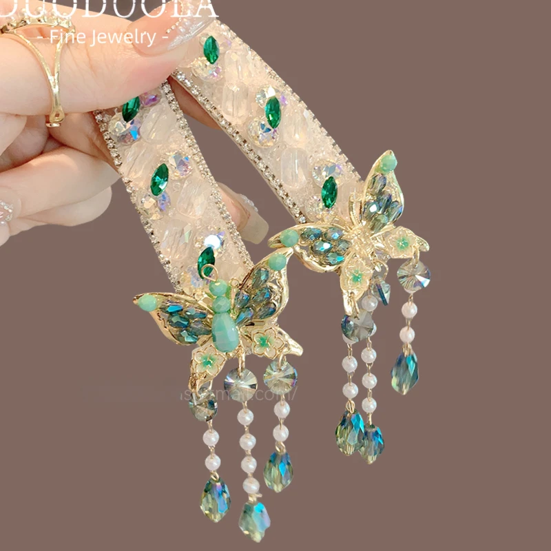 

Y китайская зеленая сверкающая заколка для волос с кисточкой-бабочкой и бриллиантами, маленькая повязка на голову в лесном стиле в этническом стиле, свежая повязка на голову с боковой заколкой на лбу