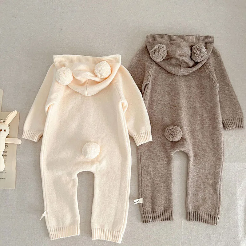 Autumn Winter Baby Girl Boys Knitted Clothing Toddler Baby Girl Knitted Romper Solid Color Hooded Korean Style Climbing Suit