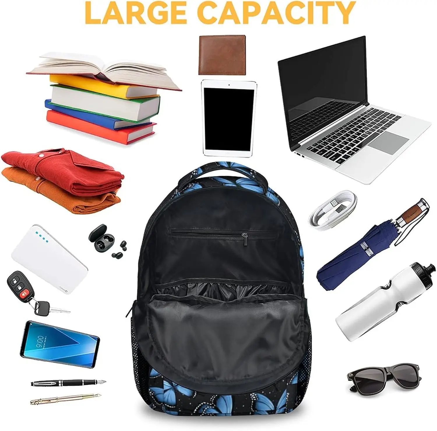 حقيبة ظهر على شكل فراشة للبنات، حقيبة ظهر جمالية مقاس 16 بوصة للمدرسة، أزرق، أشرطة قابلة للتعديل #5