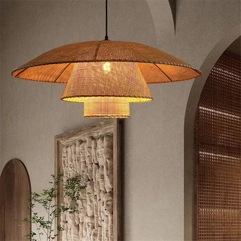 Japanese pendant lights straw hat Rattan Lamp Restaurant Home Decor Dining Room Kitchen vintage lamp  Handmade suspension lamp