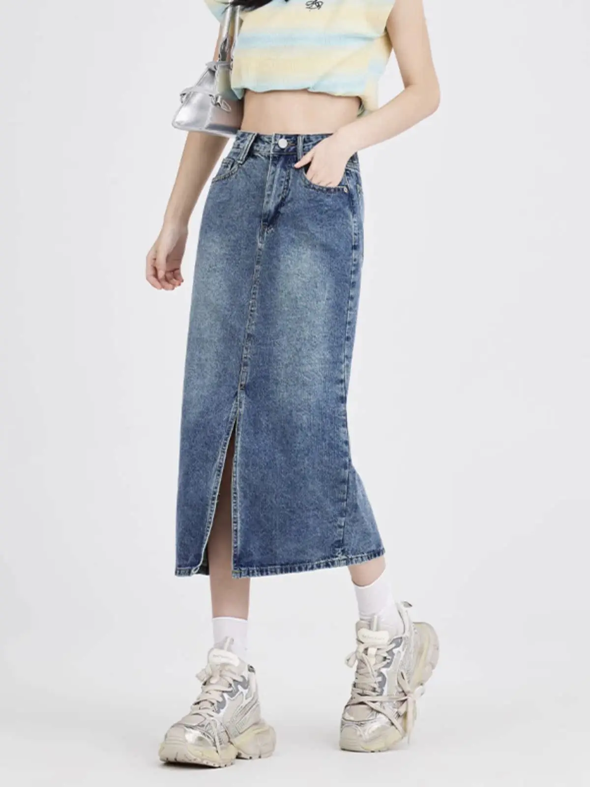 

High Waist Slit Denim Skirt Women's Small Size Hip Concealment Summer New Retro Midi A-Line Skirt Korean Style Commute