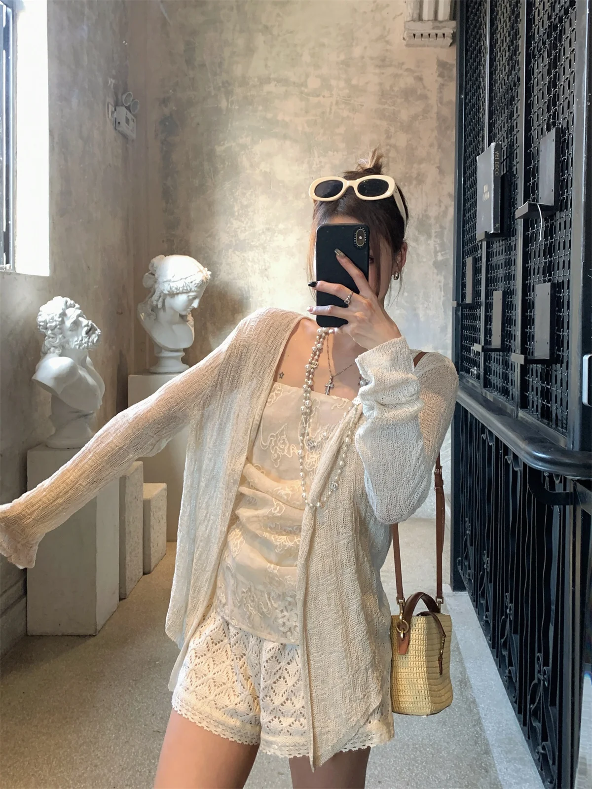 

GV Big Brother Casual Lightweight Linen Long Sve Open Cardigan Women's Loose Fit Hollow out Design Summer Leisure Top