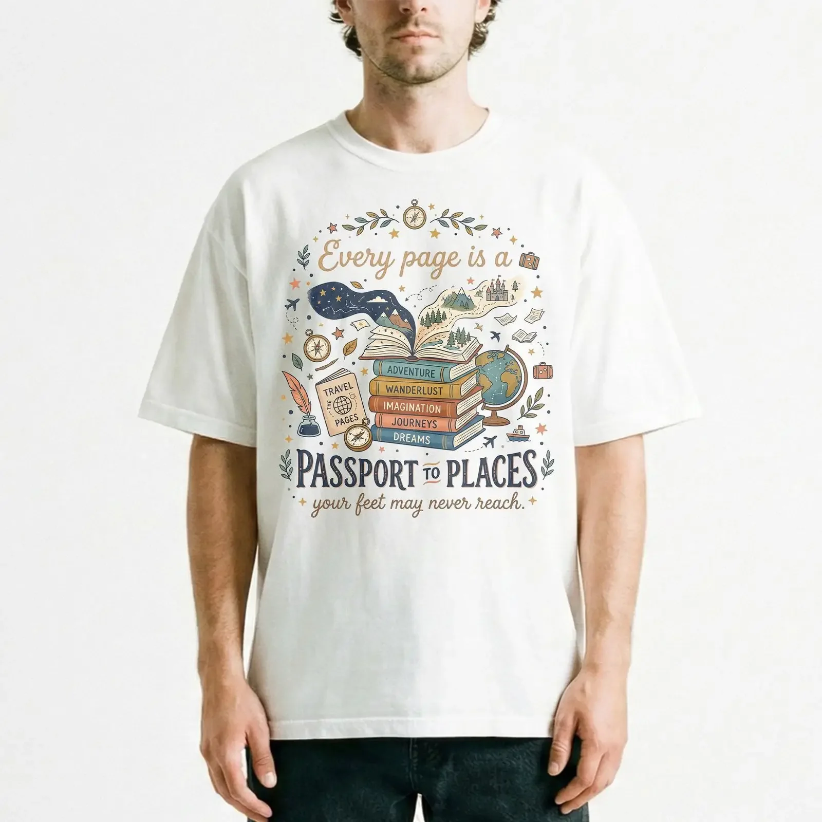 Adventure Stack Books Compass Vintage T Shirt Reader Travel  vintage Washed fashion Comfortable Unisex Top For Everyday Wear