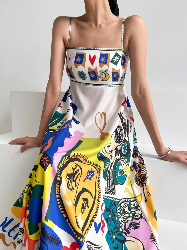 Chic Summer Vintage Holiday Sle Square Ne Abstract fiti Print Design A-Line Strapl Dr Women's High Waist No Brand