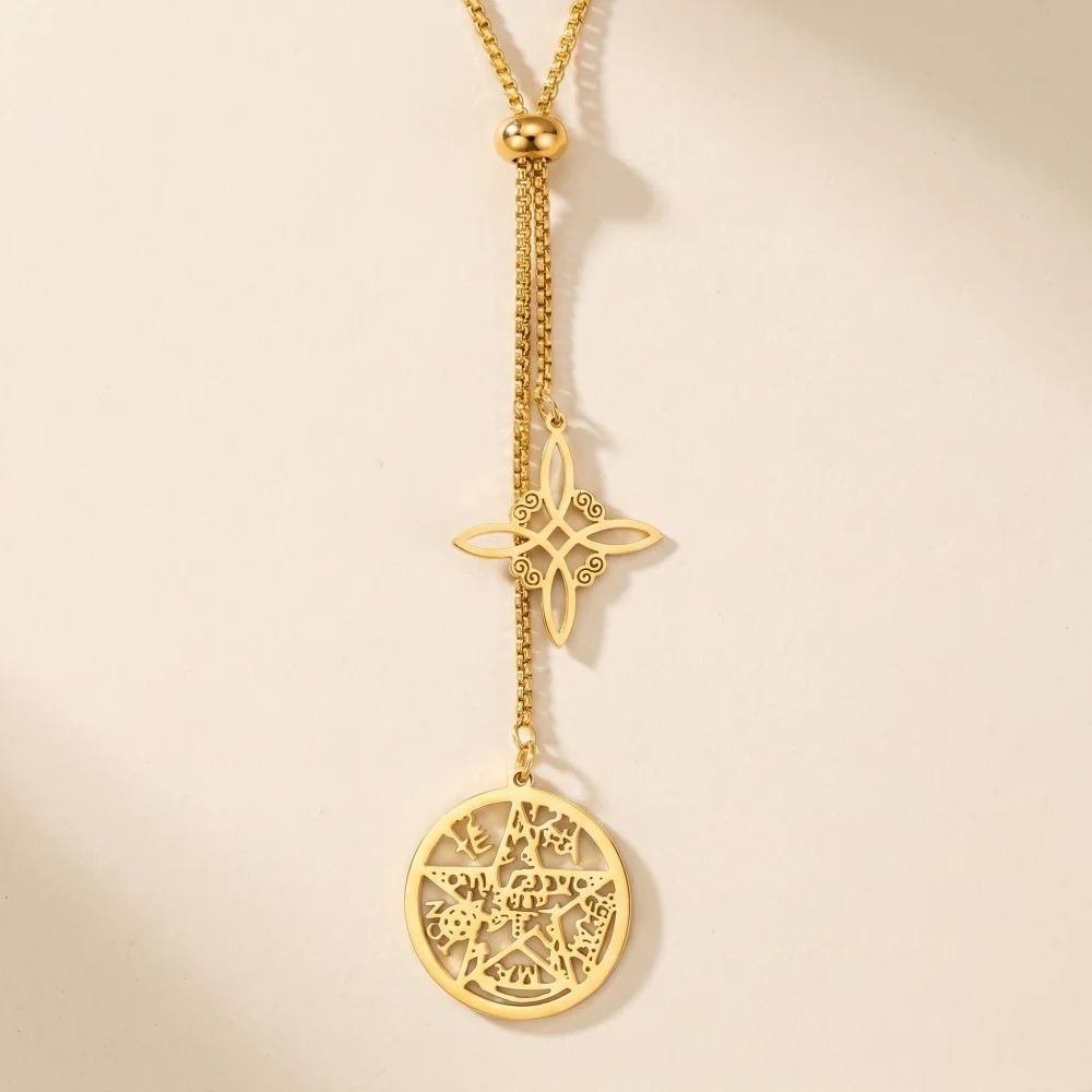 Foreign Trade Witch Knot Double Sided Corroded Round Plaque Hollow Pendant Adjustable Box Chain Non Embroidered Steel Necklace H