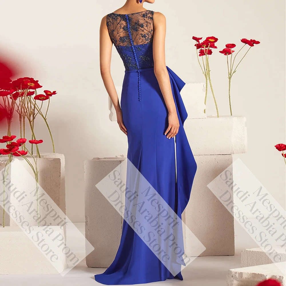 Women's Mermaid Evening Dresses Floor-length Scoop-neck Sleeveless Prom Dresses Fashion Lace Button Draped Customized Gowns