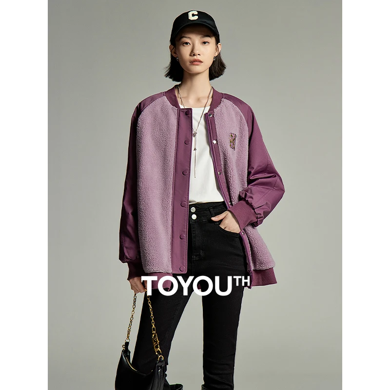 Toyouth Women Thickened Plush Cotton Coat 2023 Winter Contrast Raglan Sleeve Baseball Jacket Embroidery Fashion Purple Outwear