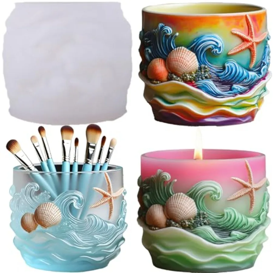 1 Pc Seashell Starfish Wave Resin Casting Silicone Jar Mold 3D Ocean-Themed Relief Candle Mold for Jewelry Trinket Containers M