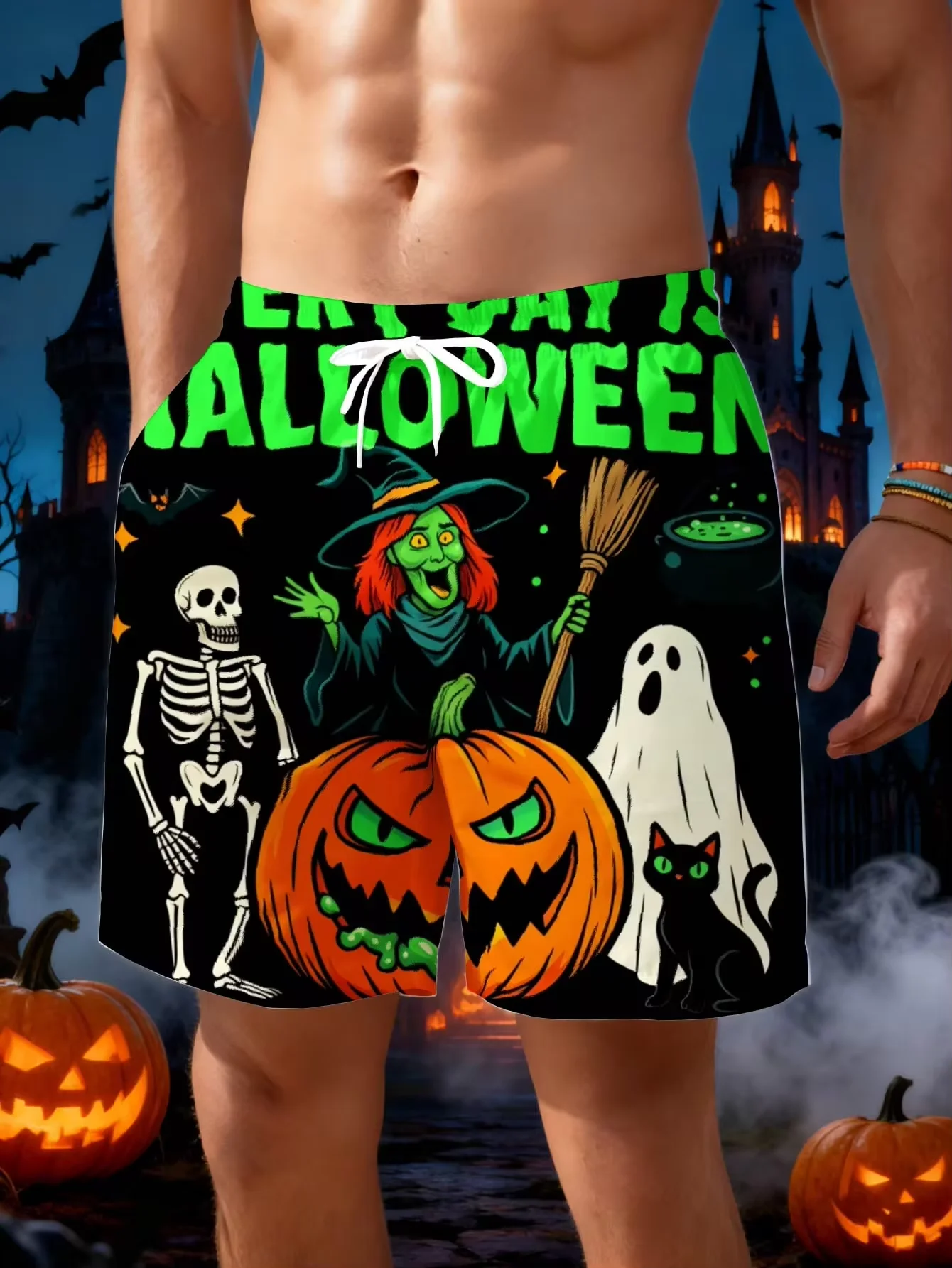 

Men's Beach Shorts Halloween Costume Witch Skeleton Ghost Pumpkin Cat Pattern 3D Print,Fashion Vacation Casual,Lightweight Comfortable,