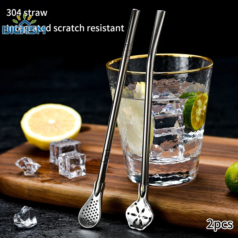 2Pcs Detachable Filter Straw Stainless Steel Straws Spoon Tea Filter Yerba Mate Straw Reusable Drinking Tool Bar Accessories