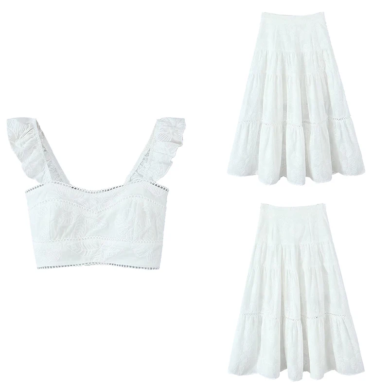 

Z 2025 Summer New Women's Faion Set ort Embroidered Strap Vest And f Skirt Fairy Sle Polyester Fiber