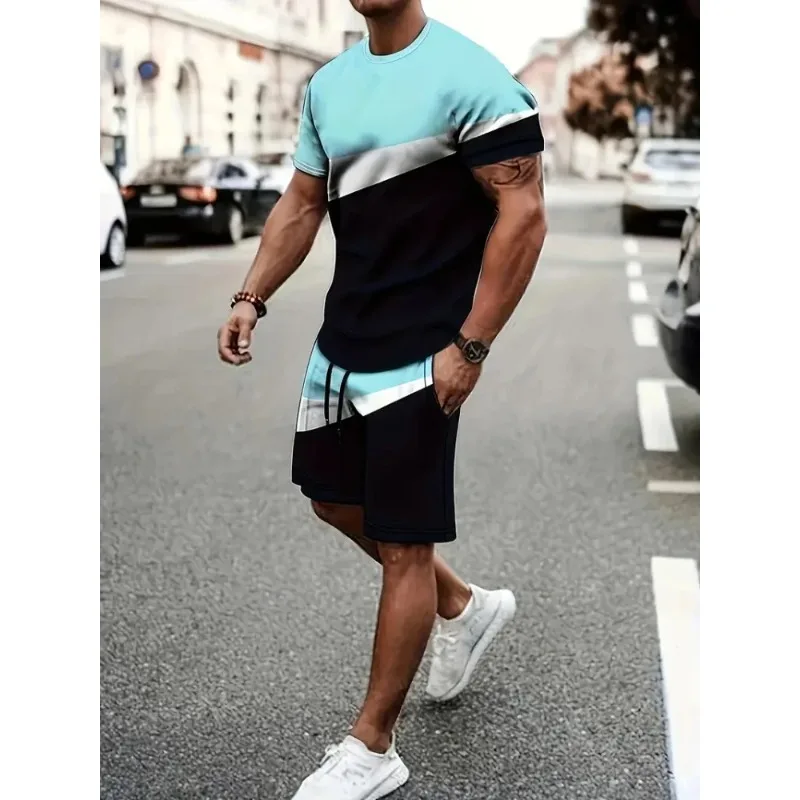2025 Creative Geometry 3D Printed Outdoor Casual Street Wear Summer Urban Trend Men's Casual Short sleeved Shorts 2-piece Set