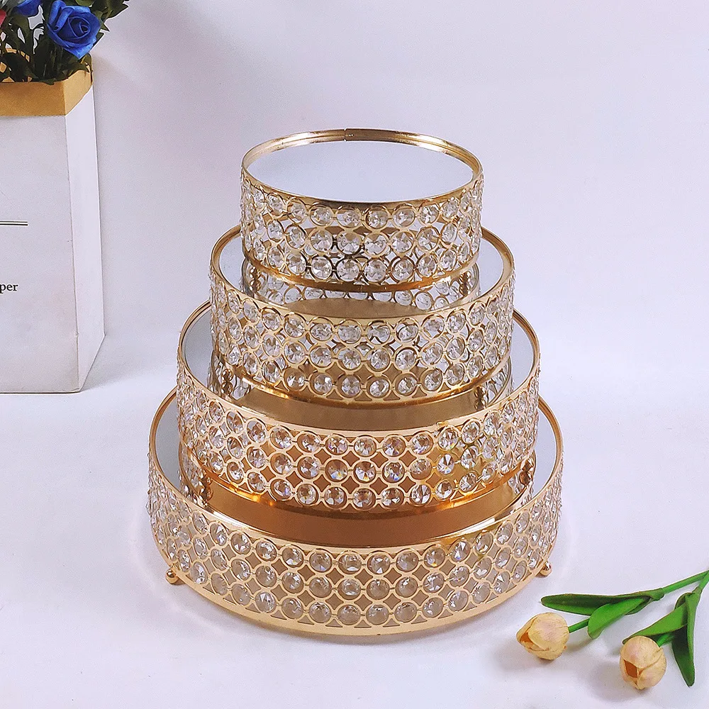 

Gold Crystal Cake Stand Round Mirror Metal Wedding Cupcake Birthday Party Dessert Pedestal Display Plate Home Decor