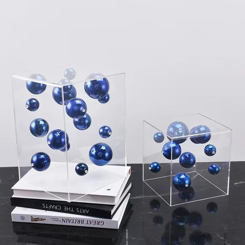 Abstract Metal Ball Square Transparent Box Ornaments Creative Floating Ball Aesthetics Design Artwork Office Home Desktop Decor