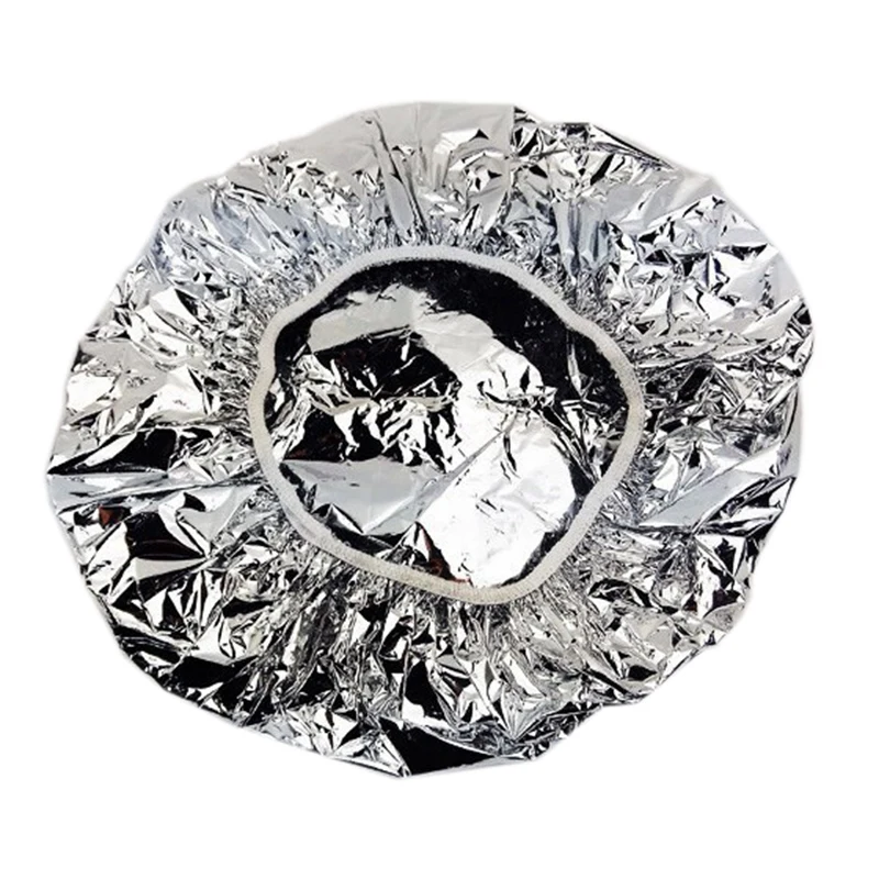 Shower Cap Heat Insulation Aluminum Foil Hat Elastic Bathing Cap for Women Hair Salon Bathroom -Silver