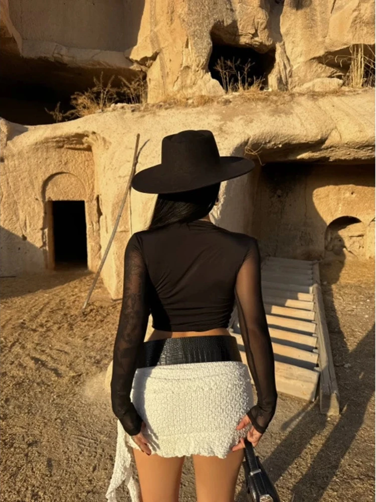 تي شيرت نسائي قصير شبكي موضة 2026 مثير شفاف بياقة دائرية وأكمام طويلة ملابس خروج نسائية Y2K #6