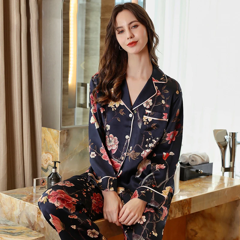 Winsleter, 16MM 100%Real Silk Elegant Pajama Set, Women Print Antibacterial, French Retro Casual Homewear, Fall Winter S40815CC