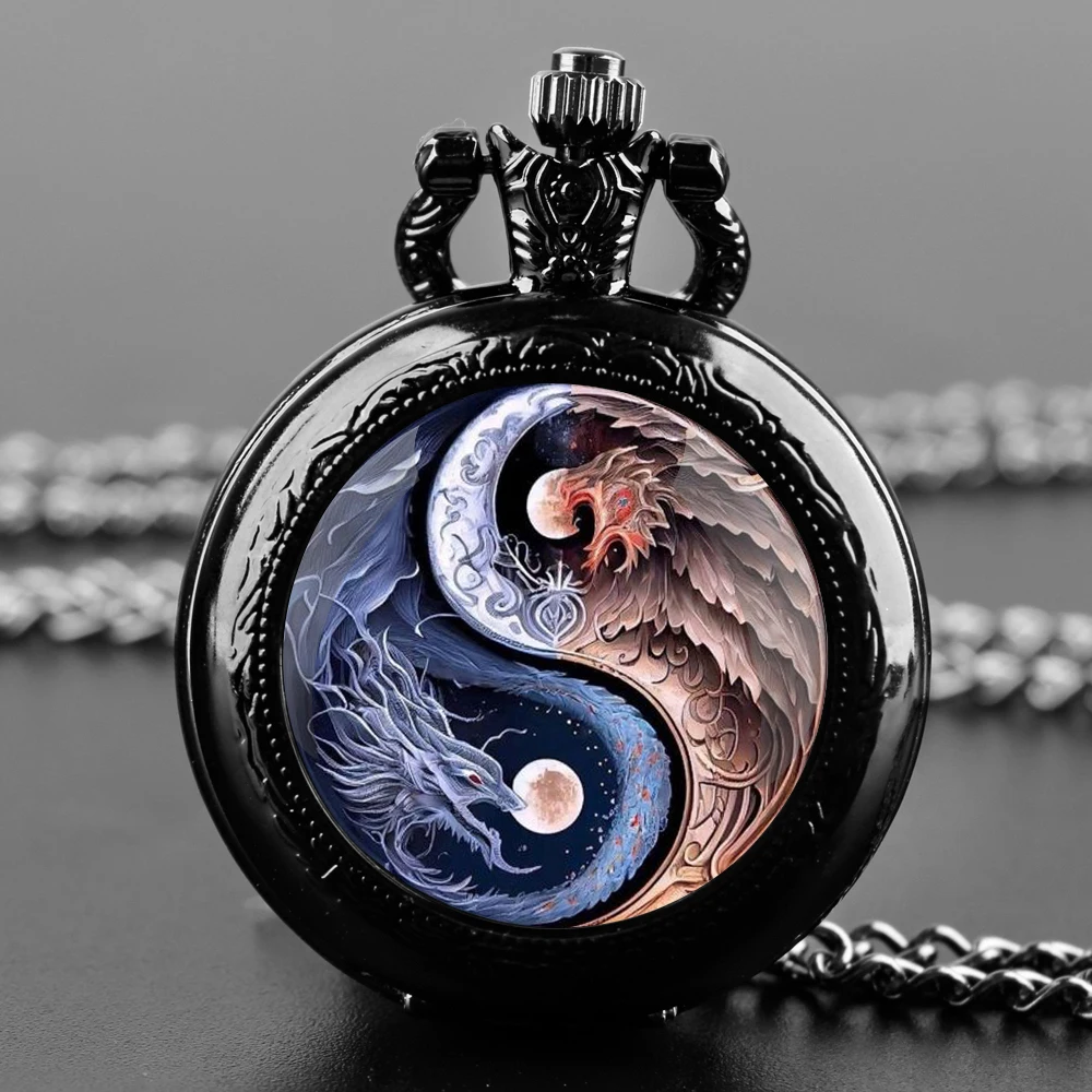 Yin-Yang Dragon Design Black Quartz Pocket Watch Gift Set with Durable Chain and Arabic Numeral Face Timeless Present for Boy