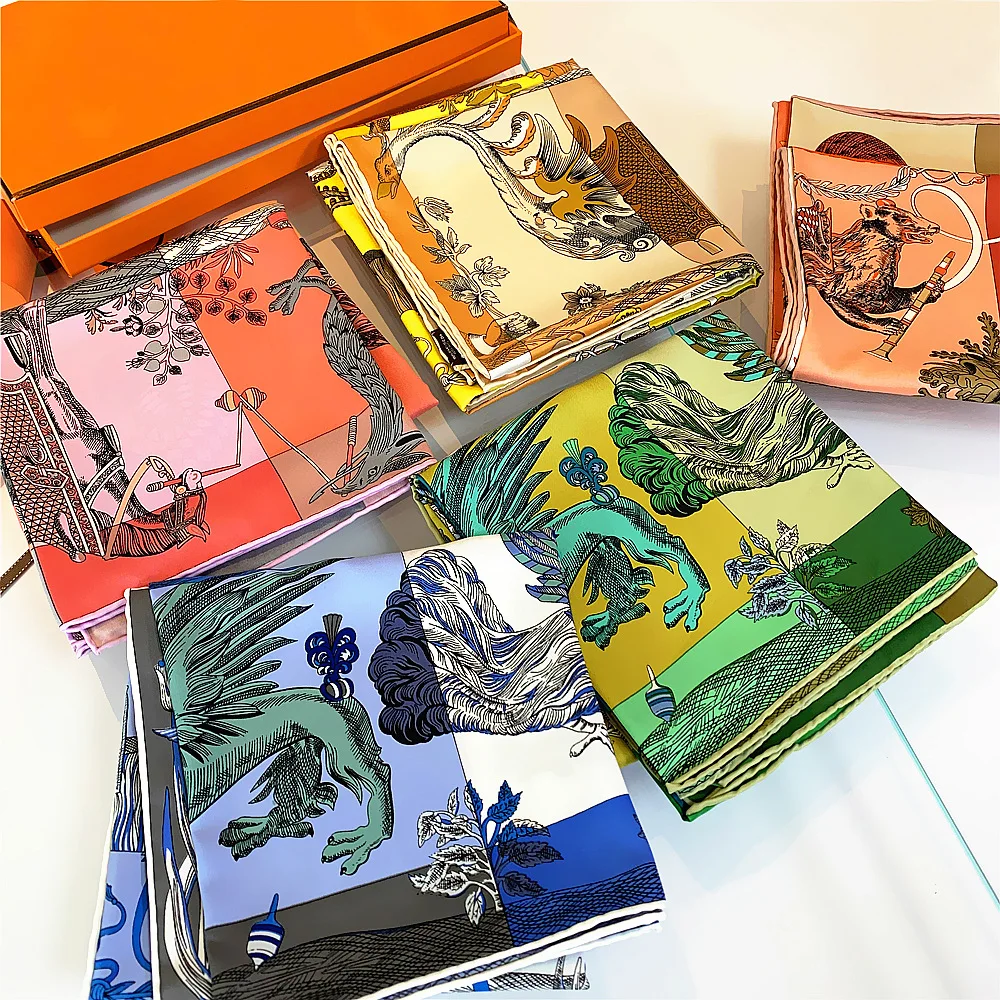 Exclusive 90cm Hand-Rolled Edge Equestrian Knight Design Animal Print Womens Twill Scarf Shawl Hot Item