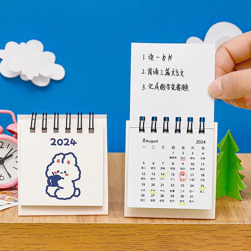 2024 Mini calendario da tavolo calendario dei cartoni animati calendario creativo piano di autopunzonatura accessori per cancelleria per studenti muslimatexam
