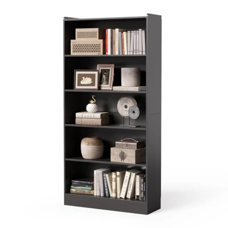 72 Inch Tall Freestanding 6-Tier Black Wooden Bookcase With…