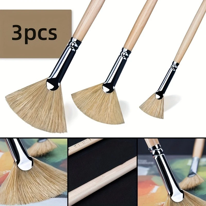 3pcs Oil Acrylic Paint Brush Artist Fan Paintbrush Set Bristle Long-handled Paintbrush