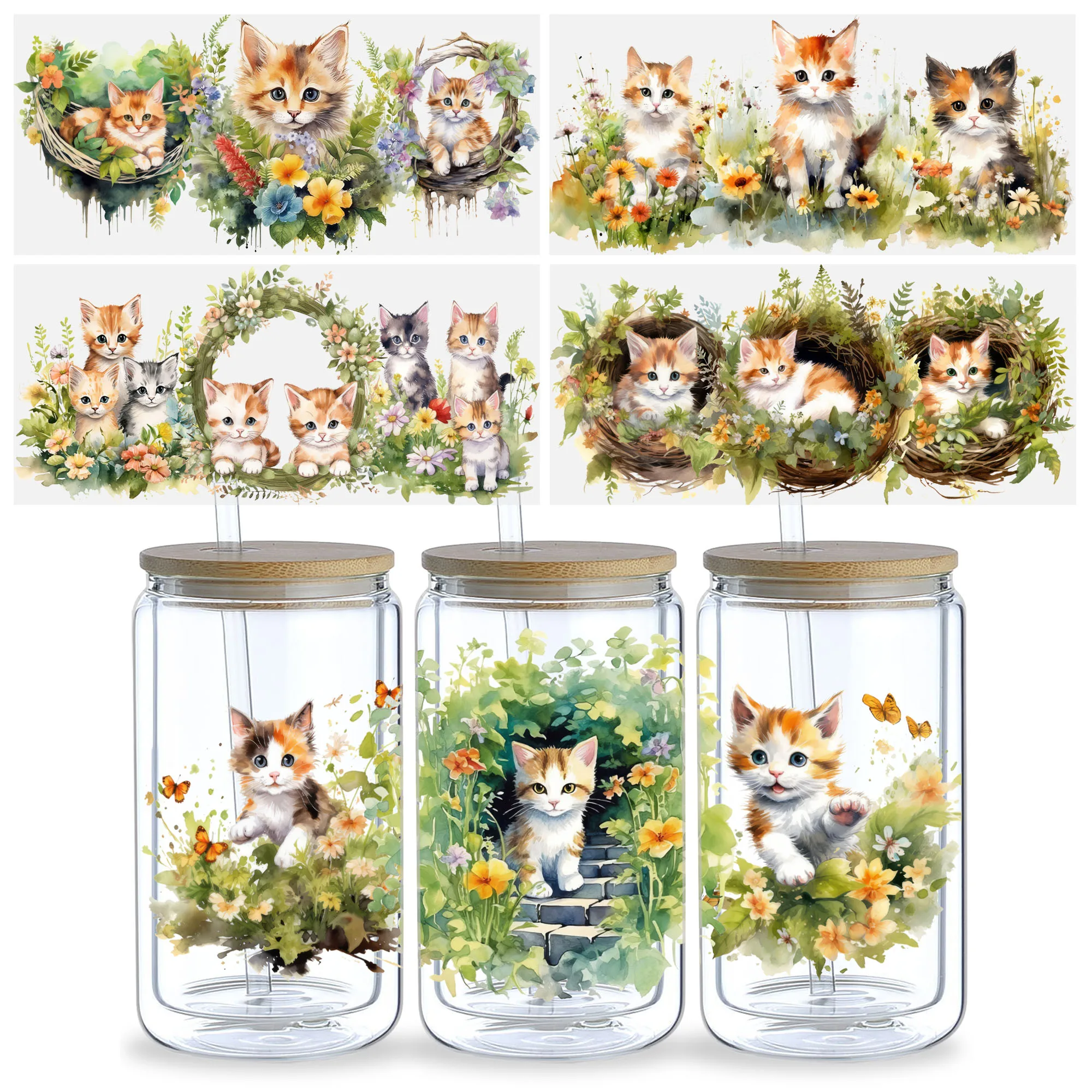 5 sheet Cat UV DTF Cup Stickers, Glass Cup DTF Transfer Stickers, Waterproof Nature Wipeable Transfer Paper for 16 oz Glass Cup