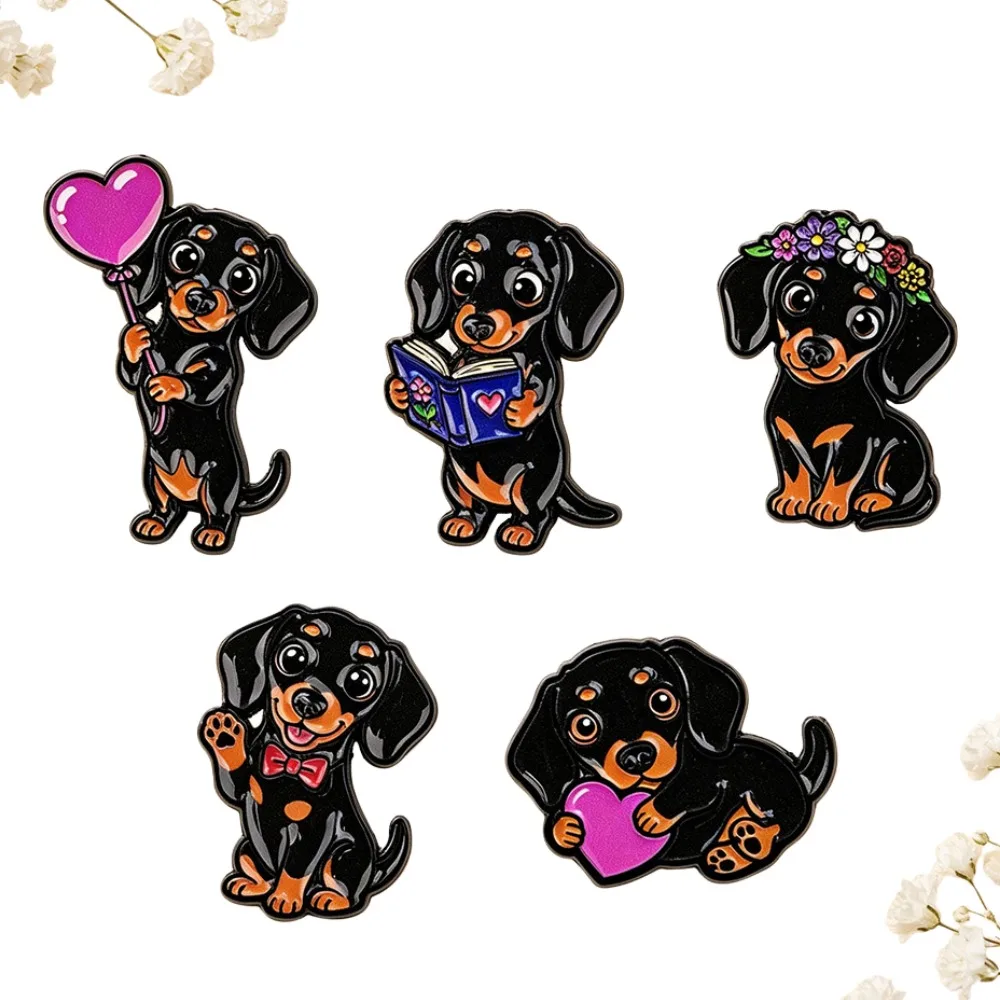 Cute Dachshund Enamel Pins Sausage Dog Lapel Pin Badge Balloon Flower Wreath Book Bow Tie Brooch for Backpack Jewelry Gift