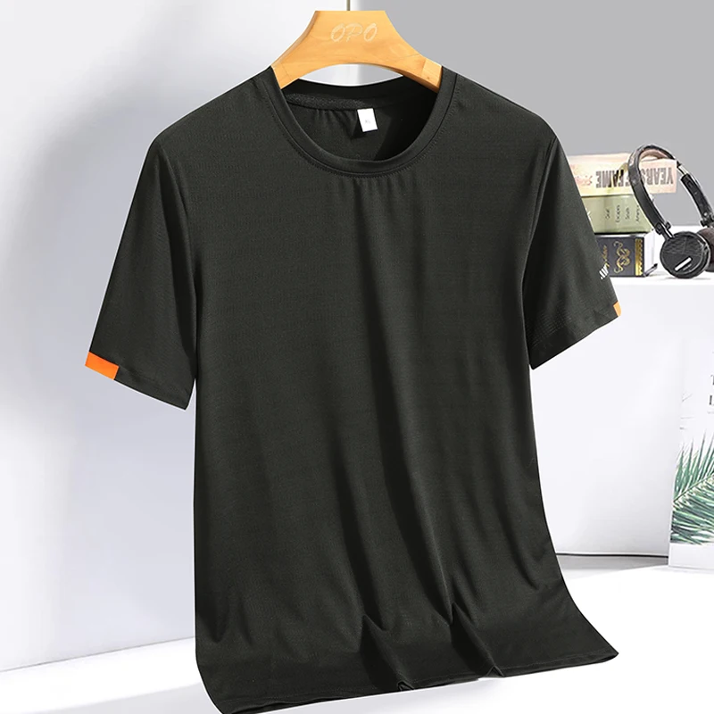 Herren Seiden-Eis-T-Shirt mit Rundhalsausschnitt Sommer Einfaches Lauf- und Fitness-Oberteil Atmungsaktives Dünnes Schnelltrocknendes T-Shirt für Männer Sommer-Shirts