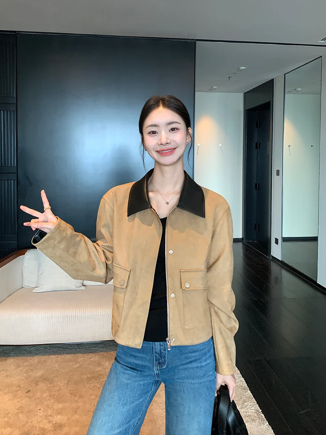 

Classic Maven Lin Vintage Sle Brown Coffee Color Blo Collar Jaet Suede ort Outerwear Women's Faion Resistant to Def...