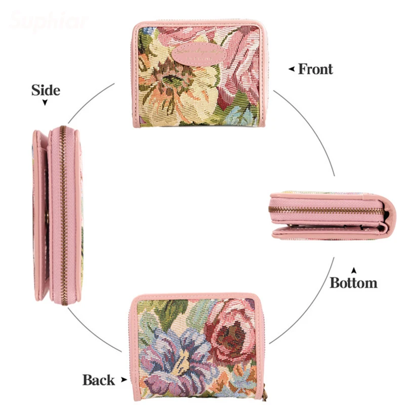 Western Flower Embossed Canvas PU Patchwork Women Wallet Large Capacity Coin Purse for Ladies