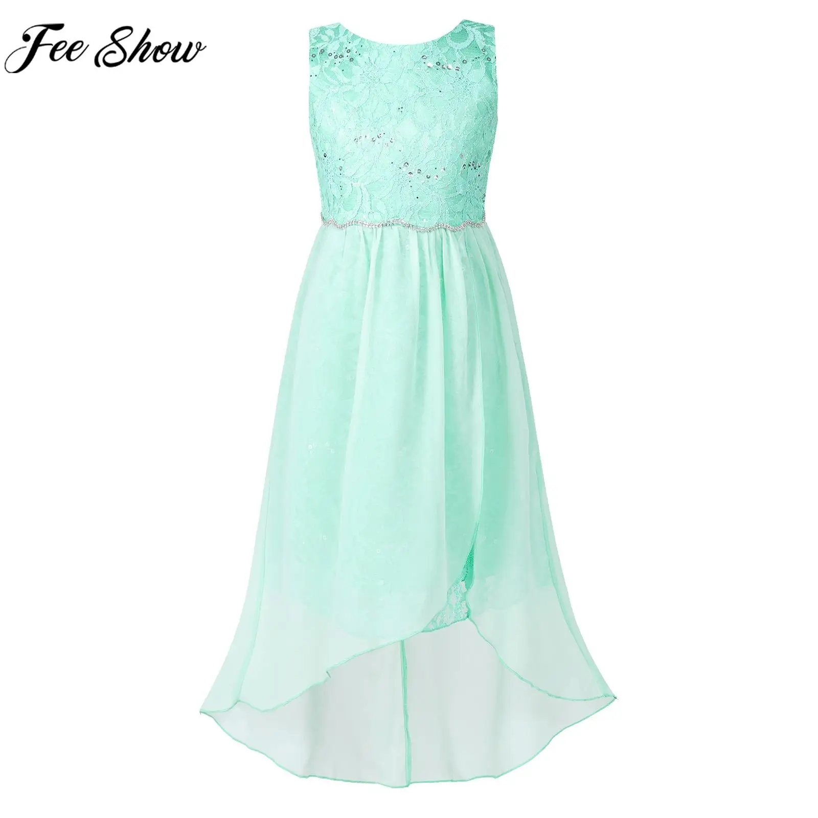 Teens Girls Lace Chiffon Maxi Party Dress Sequin Rhinestone Formal Princess Dress Birthday Pageant Wedding Bridesmaid Dresses