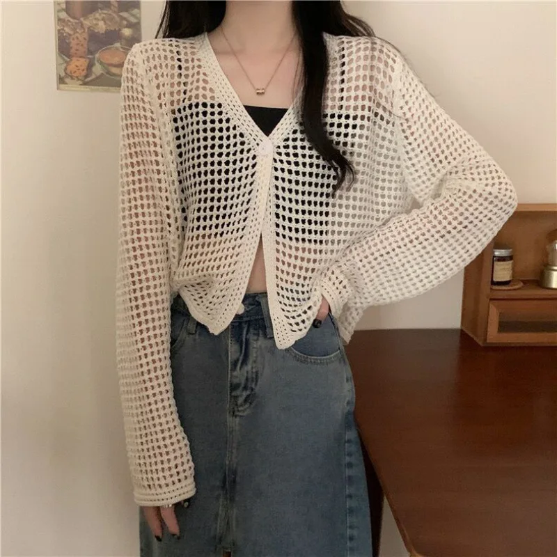 Summer New Knitted Cardigan Hollow Sunscreen Coat Women's Long Sleeve Thin Air Conditioning Shirt Loose Short Hoodie Top