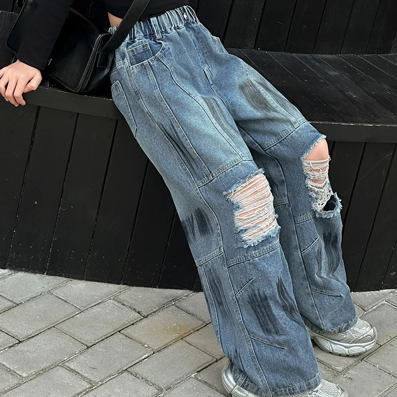 Girls American Style Street Wear Jeans Hiphop Design Jazz Denim Pants Kids Child Straight Fit Ripped Trousers with Broken Holes
