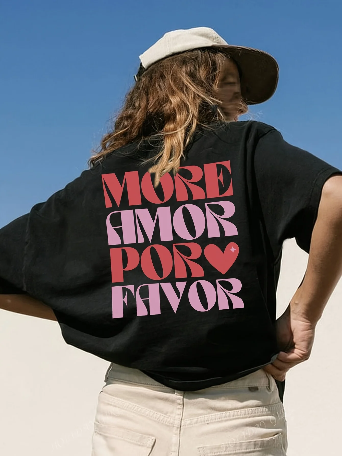 

MOREPOR Women's Casual Short Sleeve T-Shirt - Black with Pink "MORE AMOR POR FAVOR" Letter Print & Heart Design