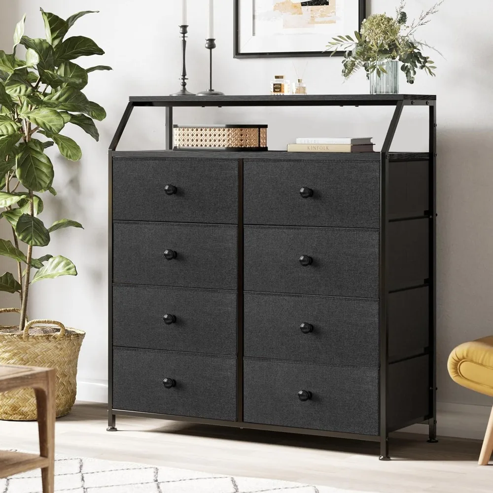 

Dresser for Bedroom with 8 Drawers, Tall Chest of Drawers with Shelf, Fabric Dressers, Steel Frame 2Pcs Wooden Top Large Storage