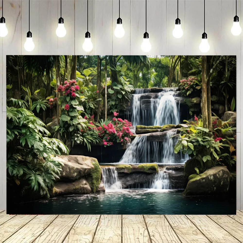 Natural forest tapestry, green trees, flowers, waterfalls, wall paintings, bedroom aesthetics, home decoration, jungle tapestry