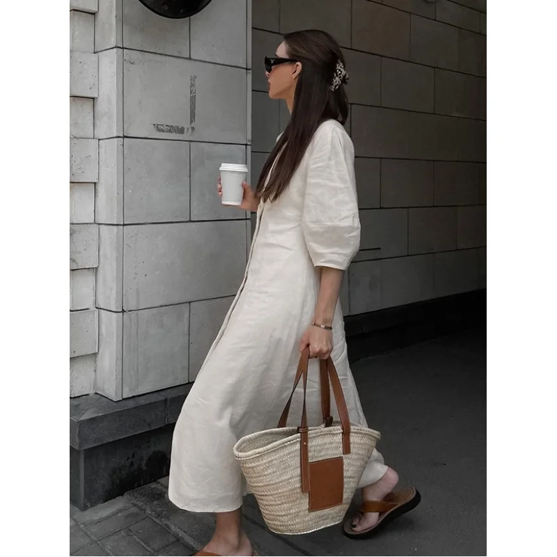 فستان FB-Simple كاجوال فضفاض من القطن والكتان للنساء صيفي بأكمام منتفخة وياقة V باللون البيج وخصر طويل