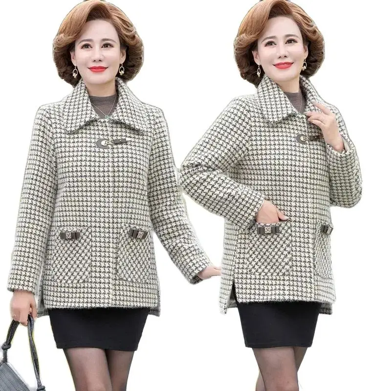 

Middle Aged Elderly Women's Woolen Jackets Spring Autumn Winter Coats Short Fashion Blended Woolen Plaid Outerwear Female