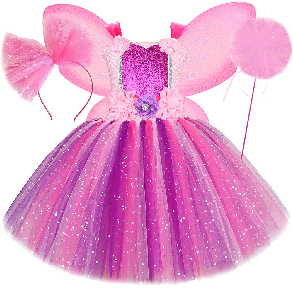 Sparkly Purple Pink Fairy Costume for Girls Flower Fairy Princess Dresses Kids Halloween Outfit Christmas Tutus with Wings Stick