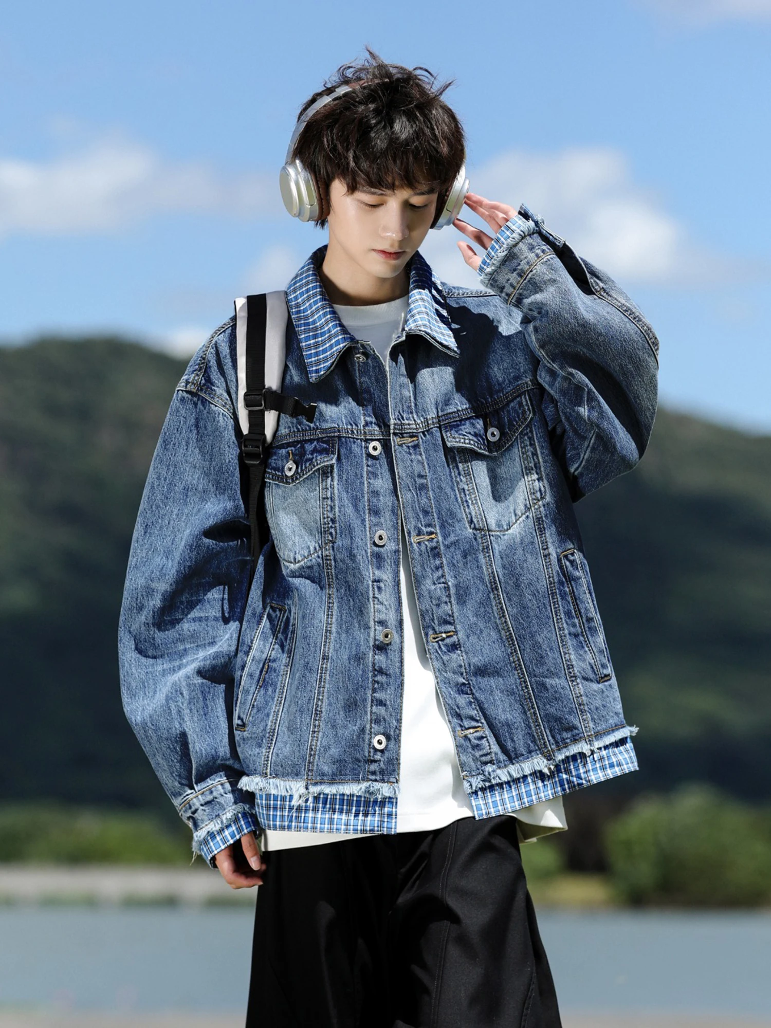 

Американский ретро клетчатый джинсовый джинсовый джинсовый джинт из двух частей ex Модный джинт для пар Повседневный длинный свеч из полиэстера...