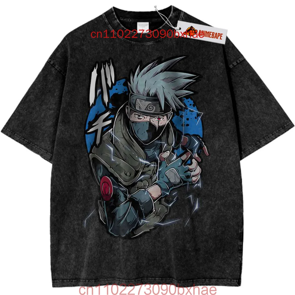 

Kakashi Hatake Short Sleeve T Shirt Naruto Anime Print Vintage T-Shirt Cotton Black Washed Tops Tees Fashion Harajuku Streetwear