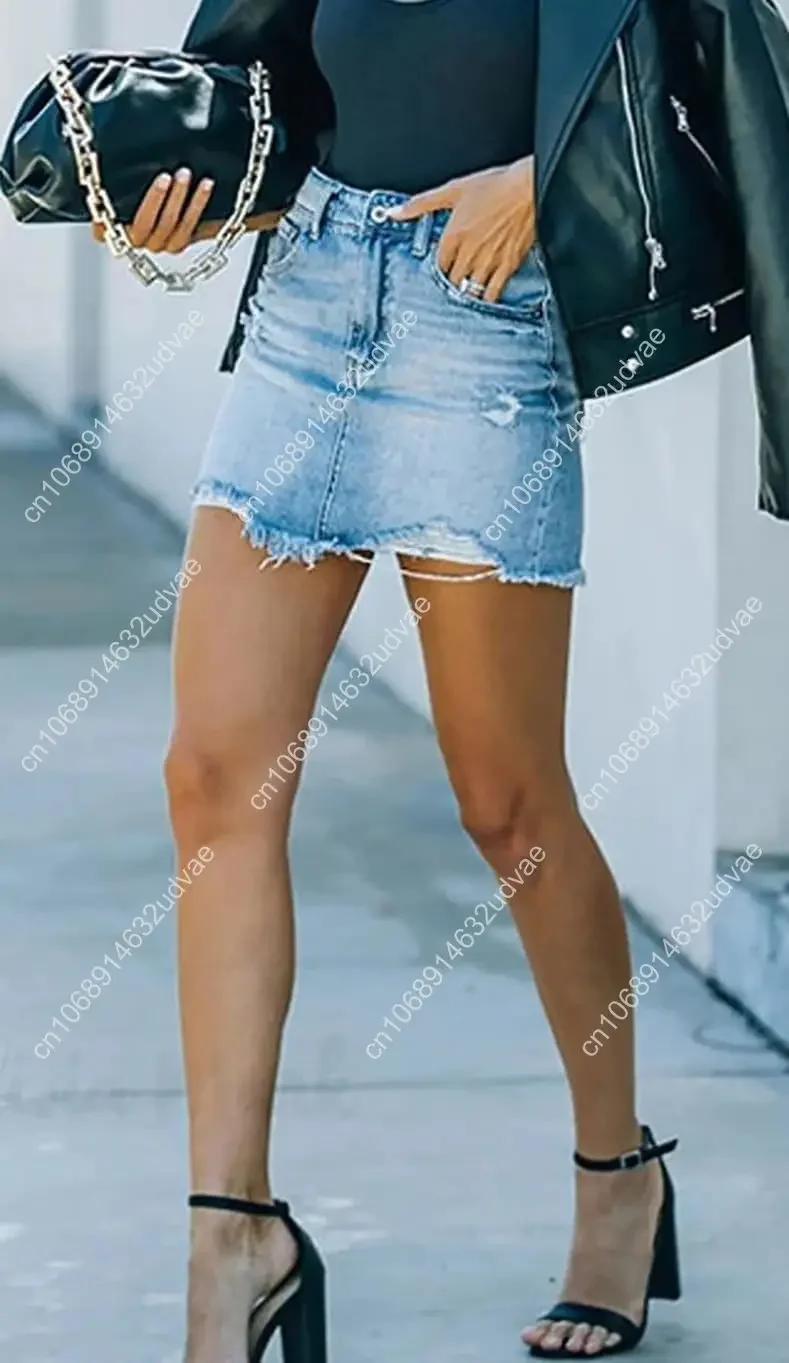 Sexy Damen-Jeansröcke mit mittlerer Taille und Reißverschluss, ausgefranstem, rohem Saum, zerrissen